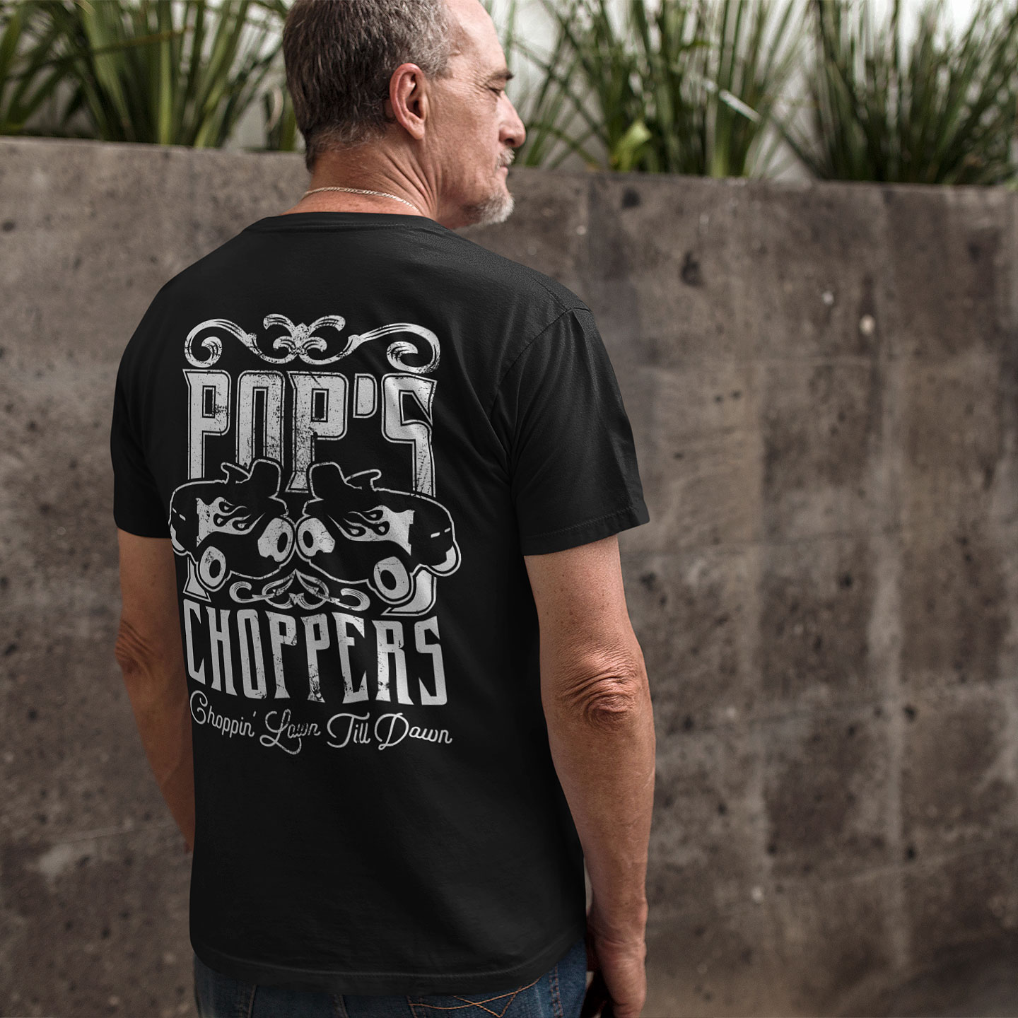Dad t-shirts lawn yard mowing biker style design Pops Choppers